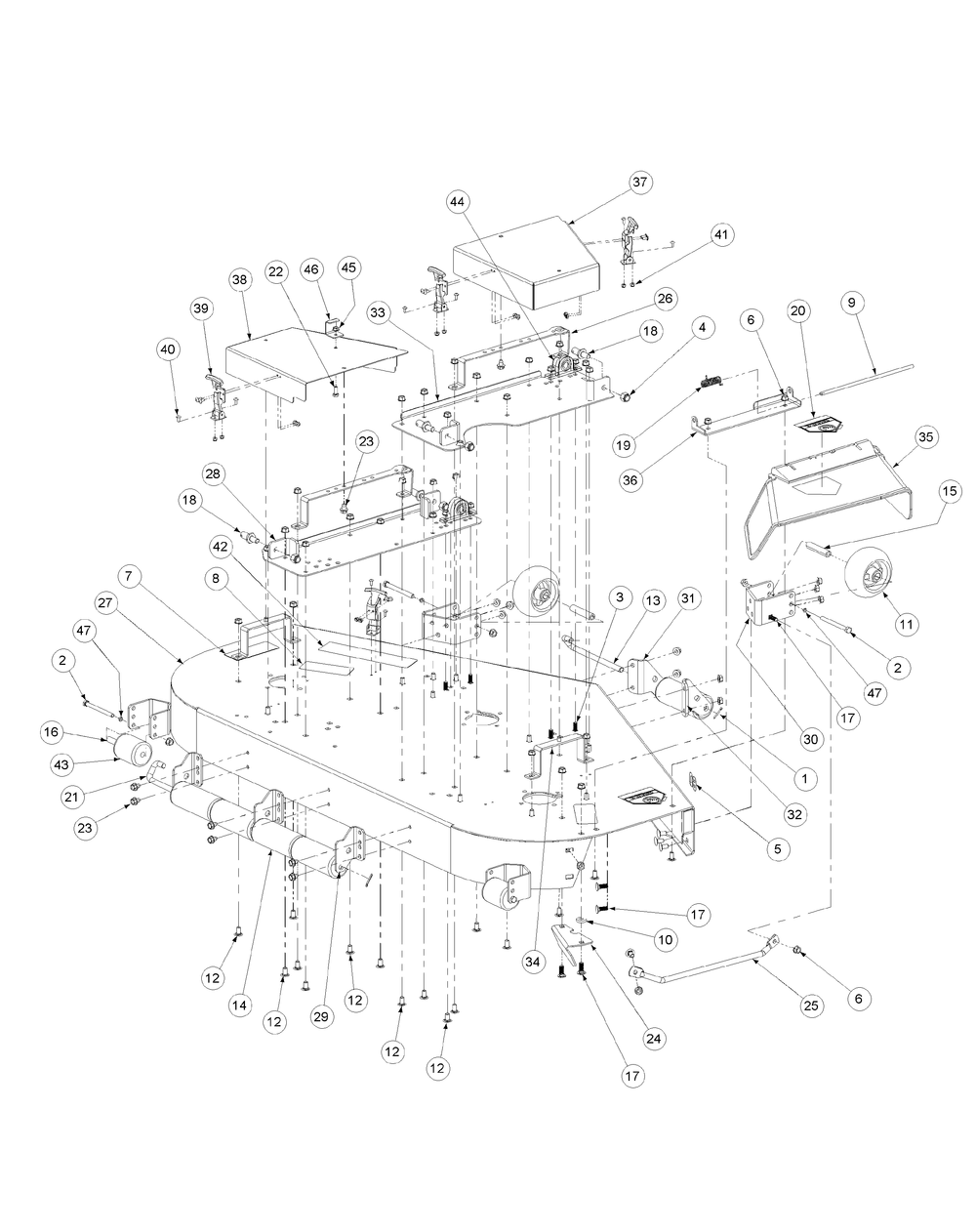 Fabricated Cutter Deck Diagram and Parts List for M60-KW ROPS-53CH5D8X750-25HP-OHV Cub Cadet Lawn Tractor